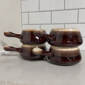4 x McCoy Pottery Bowls 7054 Onion Soup Brown Drip Handle USA Vintage Retro
